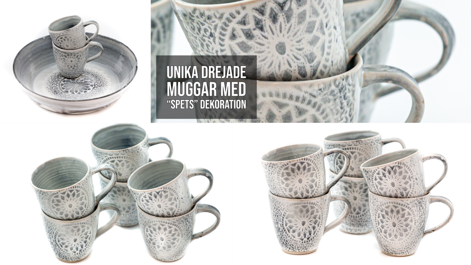 Unika muggar dekorerade med spetsdekor