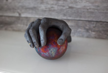 Susanne Keramik & Foto – Lillövägen 3 Åkersberga. Skulptur i Raku ”Jag har beslutet och bollen i min hand”